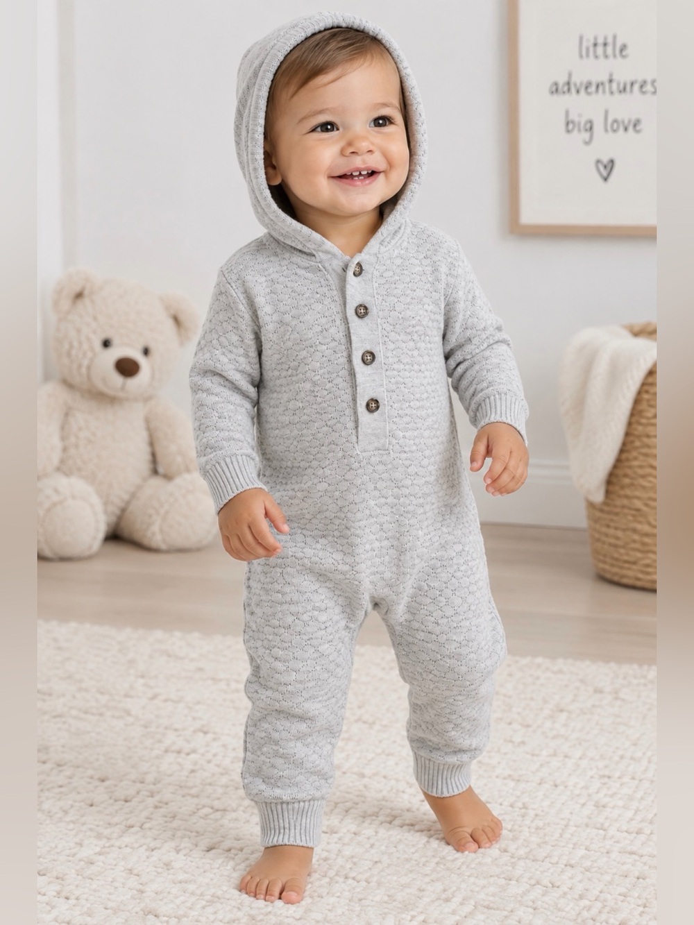 Nordstrom Baby 12M Grey Hooded Textured Knit Romper Coverall NWT